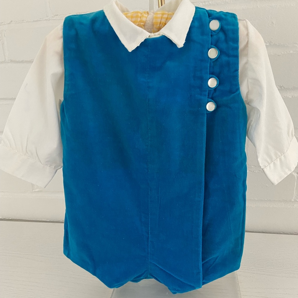 Classic Vintage Turquoise Blue Velvet Two-Piece Short Romper Outfit 24 Months